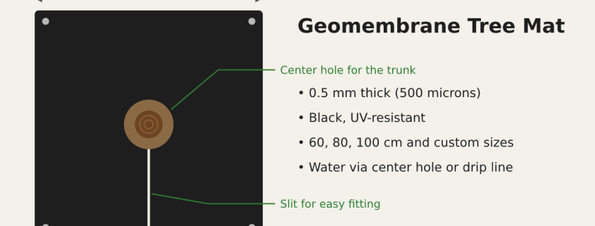 Diagram of a square geomembrane tree mat with a center hole and slit